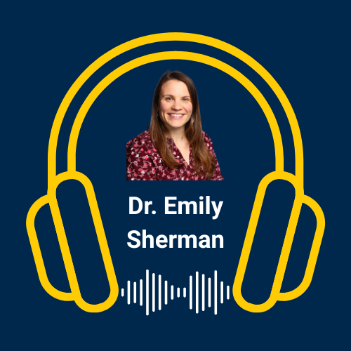 A woman with long brown hair and a red patterned blouse is pictured inside large yellow headphones. Text reads "Dr. Emily Sherman" with a white soundwave graphic below.