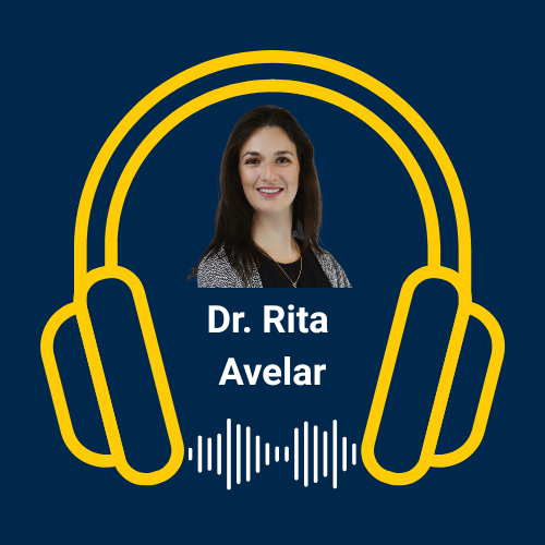 A woman’s portrait is inside a large yellow headphone graphic with the text "Dr. Rita Avelar" and a white soundwave icon below on a dark blue background.